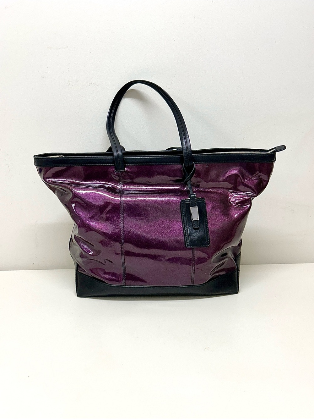 LODIS Black Leather Purple Aluminum Flash Laptop Tote Overnight Handbag Purse